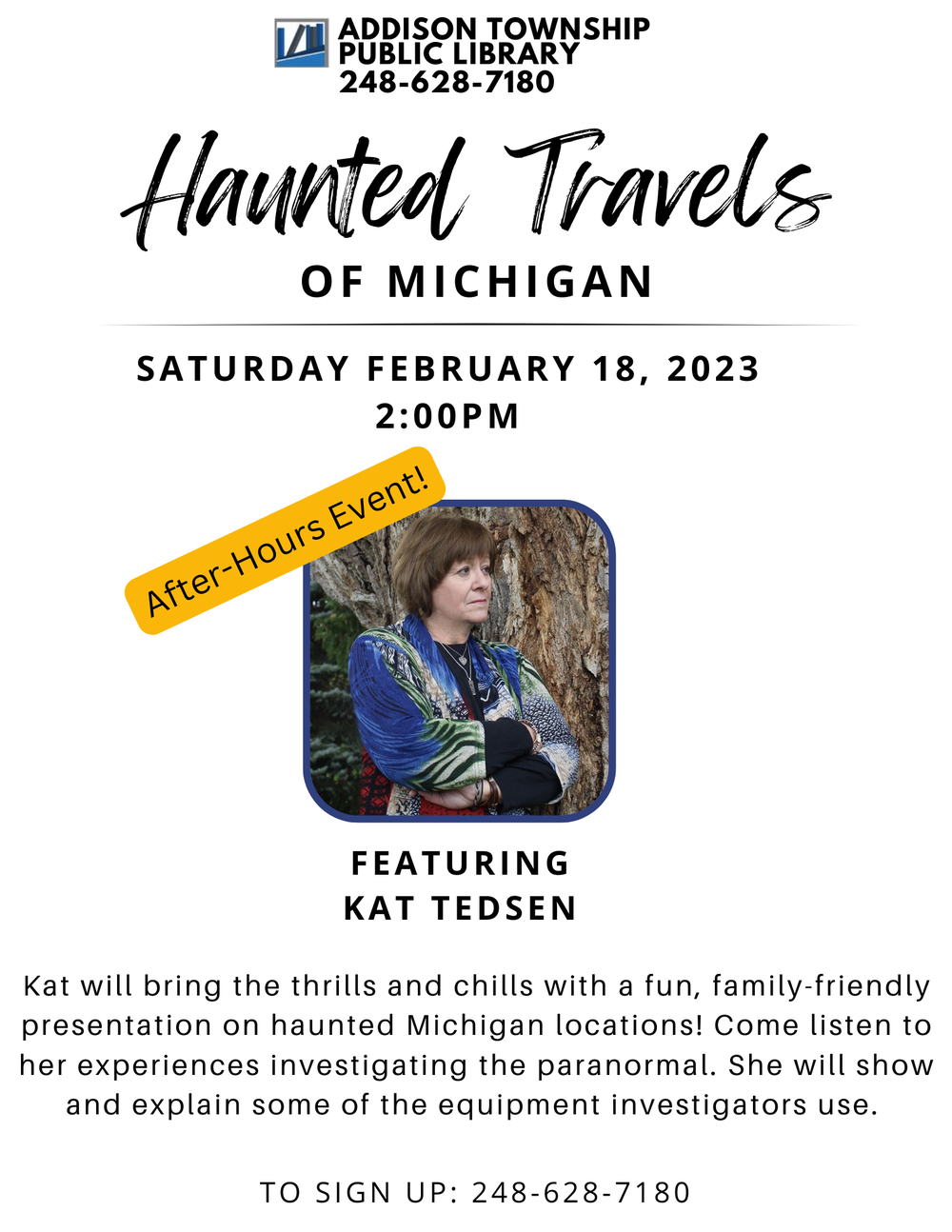 An ad for an event called Haunted Travels featuring guest speaker Kat Tedsen on February 18 at 2pm. 